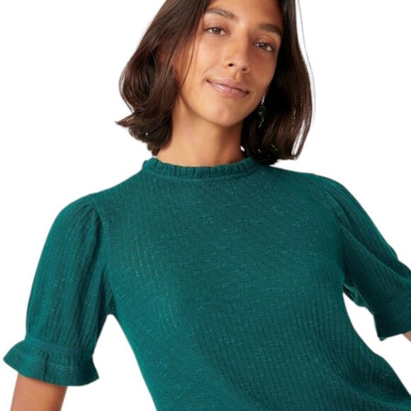 J. Crew Green Pointelle Short Sleeve Ruffle Neck Top - Picture 2 of 12